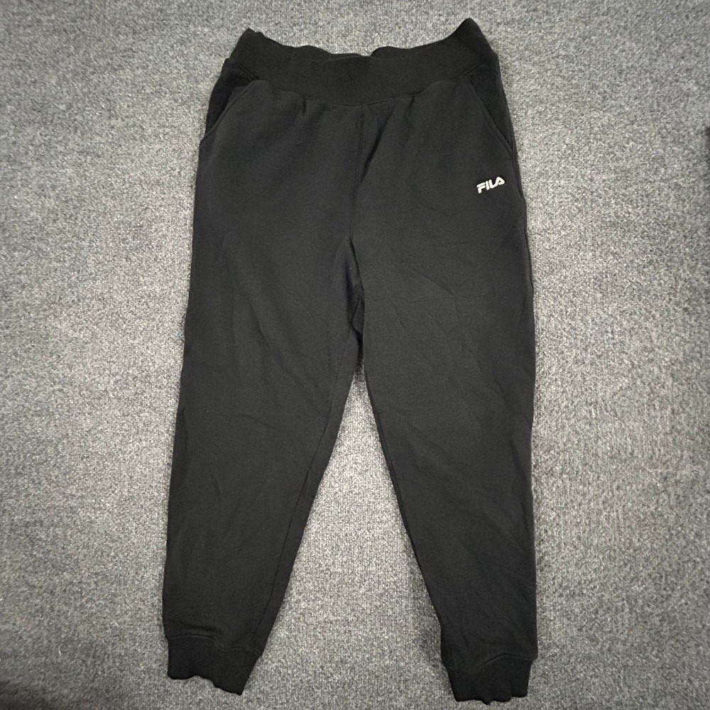 Fila Joggers Womens Size L Black Athletic Sweatpants Tapered Cuffed Embroidered